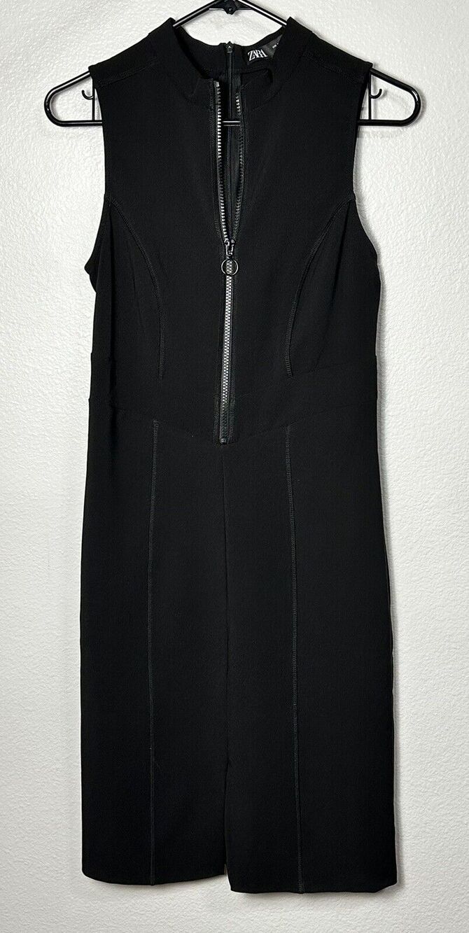 Zara Women’s Black Sheath Dress V-Neck Sleeveless Two Zippers Stretch Small